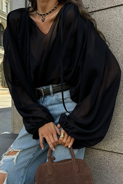 Blusas casuales con cordones y cuello en V transparentes