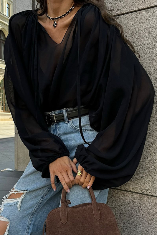 Blusas casuales con cordones y cuello en V transparentes