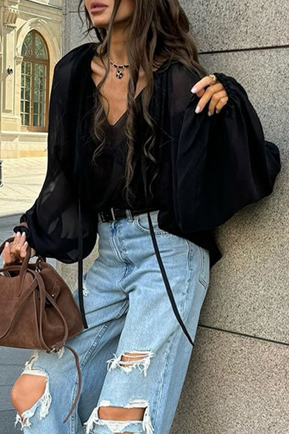 Blusas casuales con cordones y cuello en V transparentes