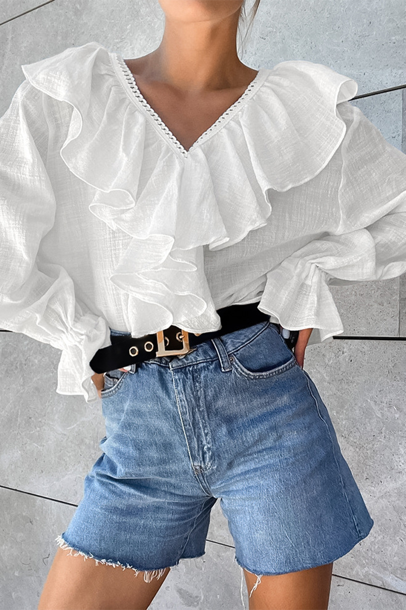 Blusas casuales de cuello en V con volantes de color sólido