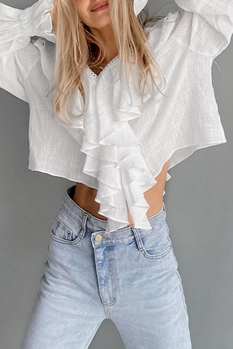 Blusas casuales de cuello en V con volantes de color sólido
