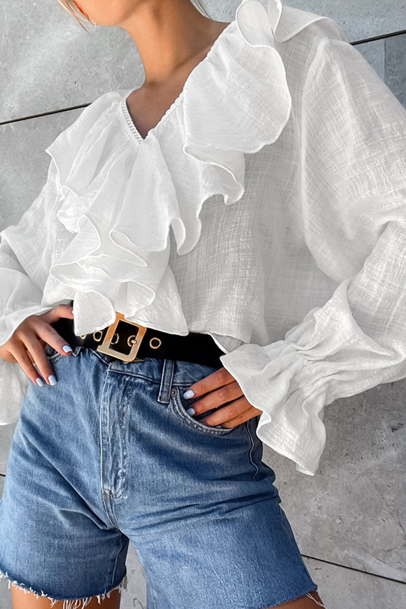 Blusas casuales de cuello en V con volantes de color sólido