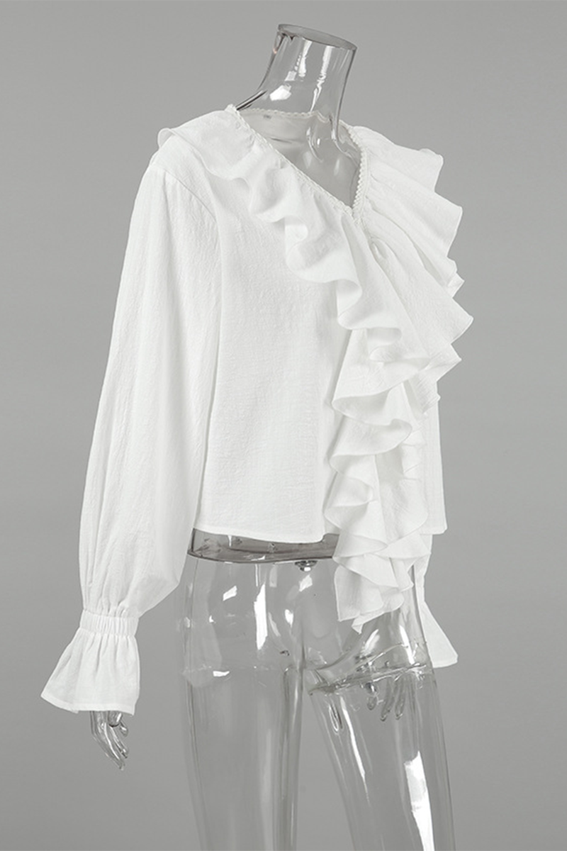Blusas casuales de cuello en V con volantes de color sólido