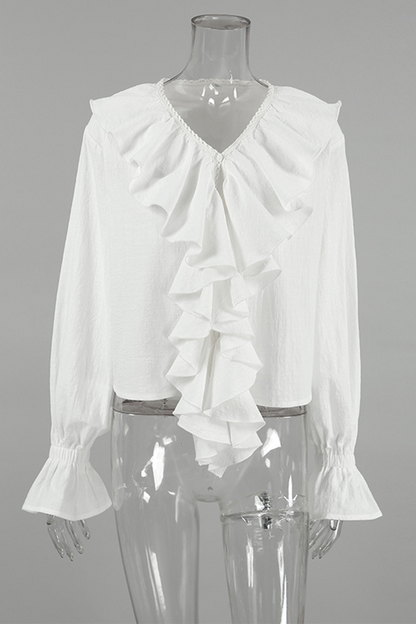 Blusas casuales de cuello en V con volantes de color sólido