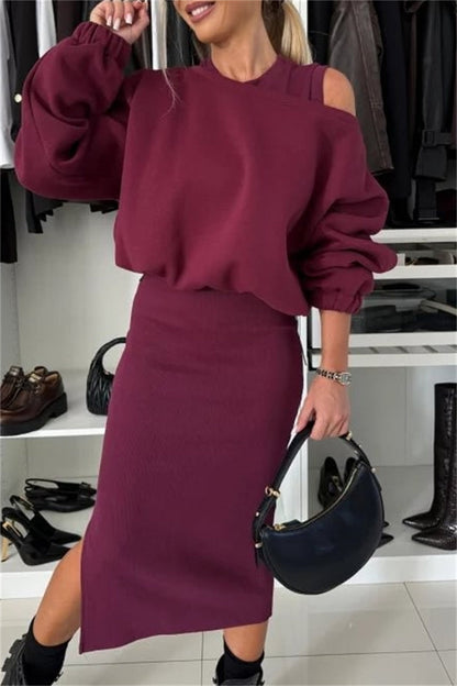 Conjunto informal de dos piezas con cuello redondo y manga larga (4 colores)