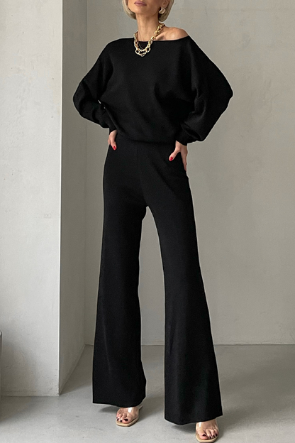 Conjunto informal de dos piezas con cuello oblicuo irregular y manga larga (3 colores)