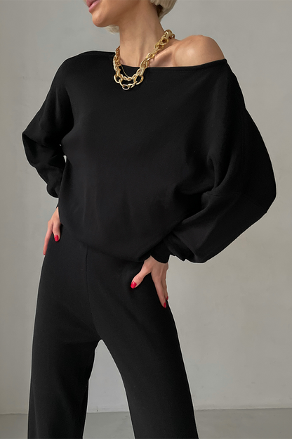 Conjunto informal de dos piezas con cuello oblicuo irregular y manga larga (3 colores)