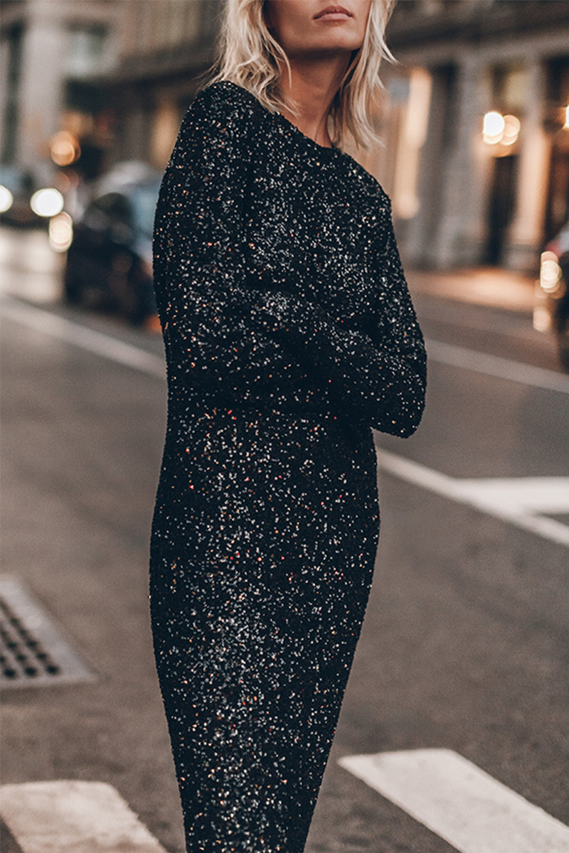 Vestidos casuales de calle con lentejuelas, espalda descubierta, cuello redondo y manga larga