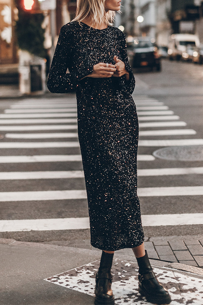 Vestidos casuales de calle con lentejuelas, espalda descubierta, cuello redondo y manga larga