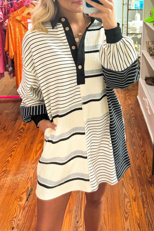 Vestidos casuales de manga larga con cuello vuelto, rayas, bolsillos y patchwork en contraste