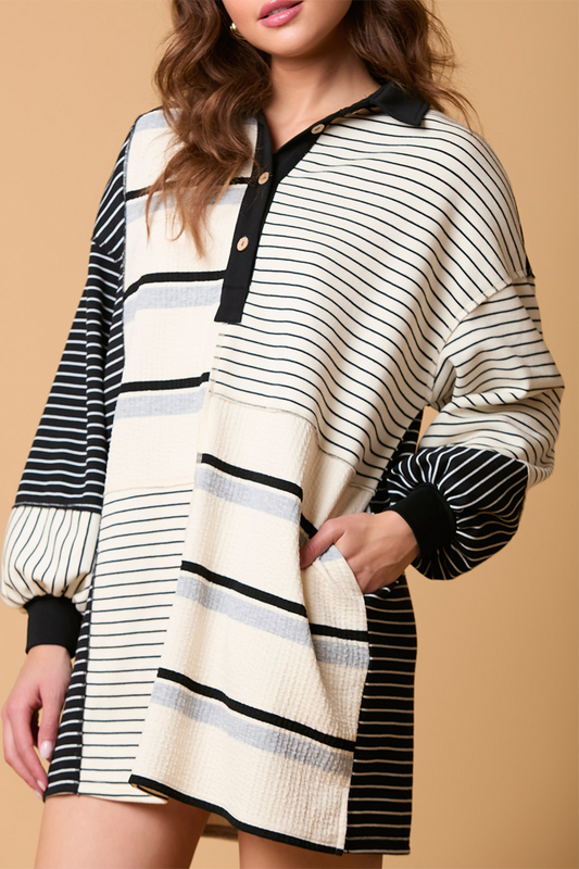 Vestidos casuales de manga larga con cuello vuelto, rayas, bolsillos y patchwork en contraste