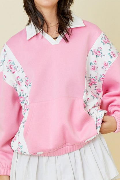 Sudadera informal con cuello vuelto, estampado de flores y patchwork en bolsillos