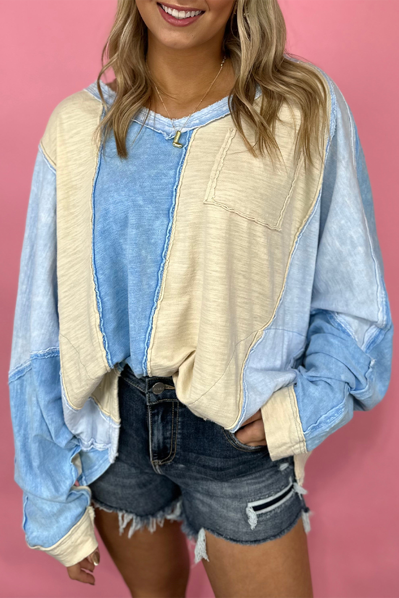 Tops casuales de rayas con patchwork y cuello en V en contraste