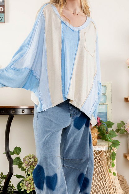 Tops casuales de rayas con patchwork y cuello en V en contraste