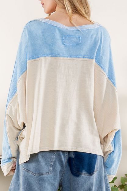 Tops casuales de rayas con patchwork y cuello en V en contraste