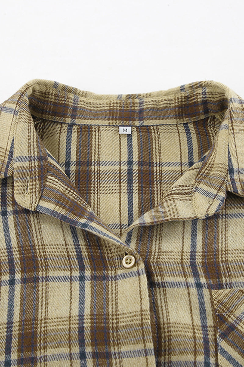 Blusas casuales con botones a cuadros y cuello vuelto en contraste