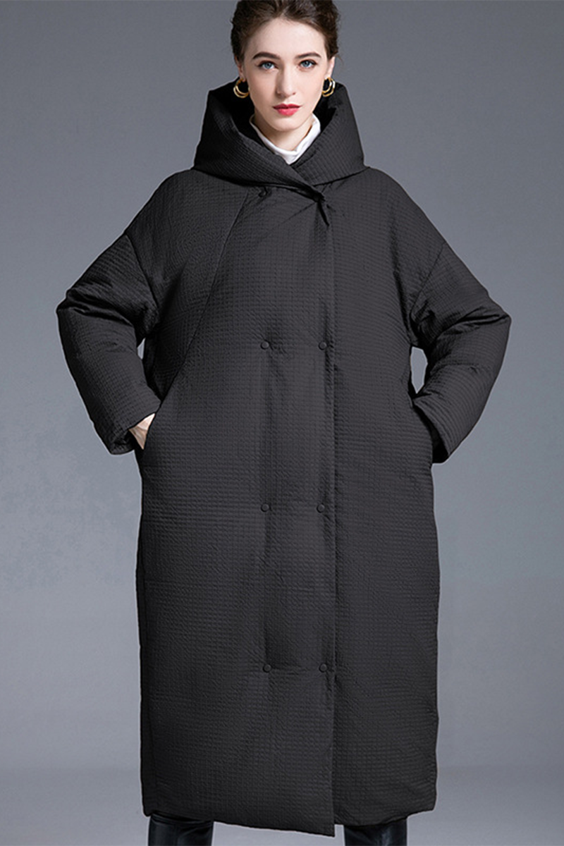 Chaqueta con capucha y botones de bolsillo informales de plumón de pato blanco (contenido de plumón 86% ~ 90%)