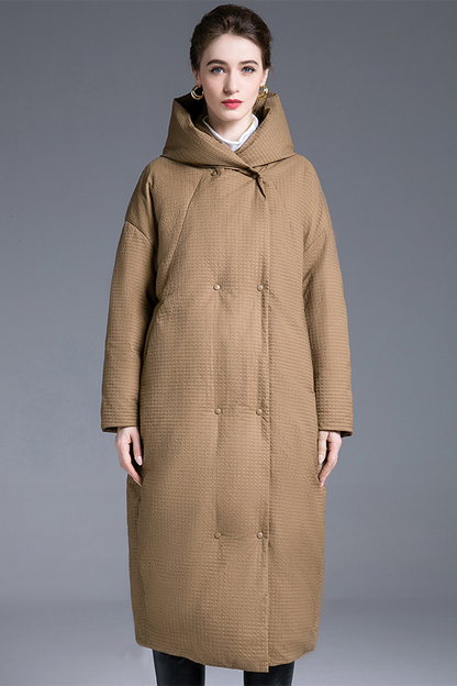 Chaqueta con capucha y botones de bolsillo informales de plumón de pato blanco (contenido de plumón 86% ~ 90%)