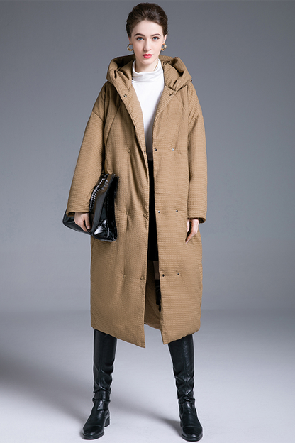 Chaqueta con capucha y botones de bolsillo informales de plumón de pato blanco (contenido de plumón 86% ~ 90%)