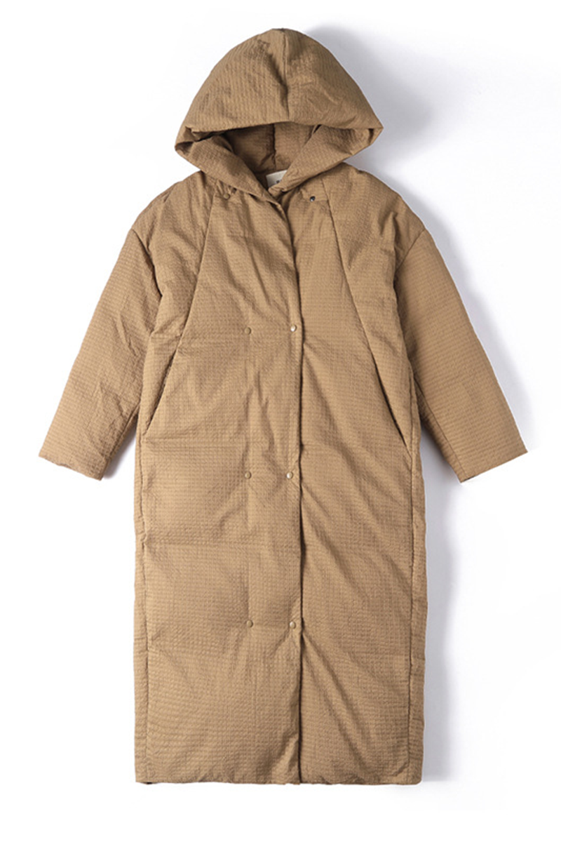 Chaqueta con capucha y botones de bolsillo informales de plumón de pato blanco (contenido de plumón 86% ~ 90%)