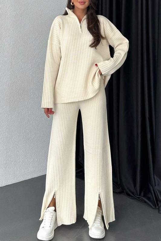 Conjunto informal de dos piezas con bolsillo, cremallera, cuello vuelto, manga larga (3 colores)