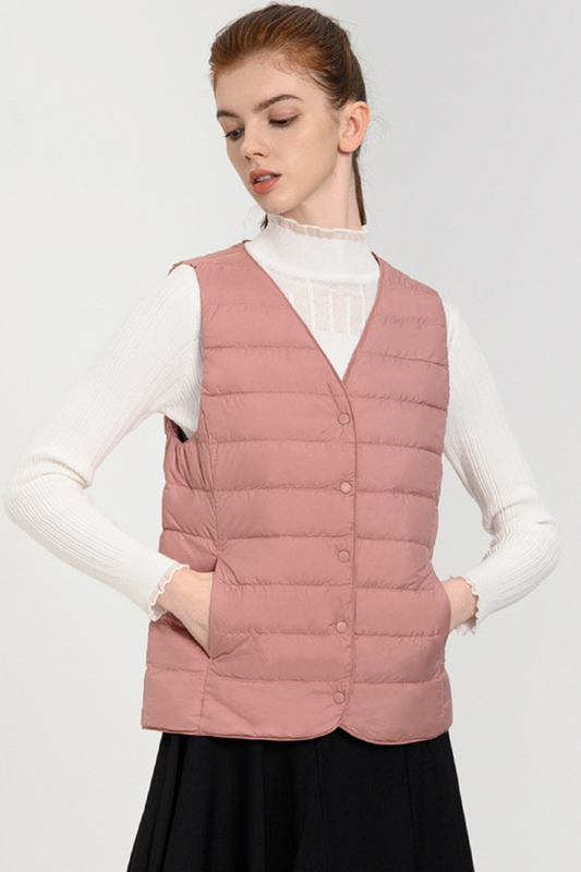 Blusa informal con cuello en V y cremallera de plumón de pato blanco (contenido de plumón 86% ~ 90%) (4 colores)