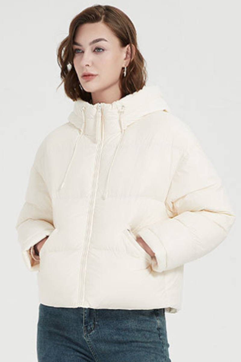 Chaqueta informal con capucha y cremallera de bolsillo de plumón de pato blanco (contenido de plumón 86% ~ 90%) (4 colores)