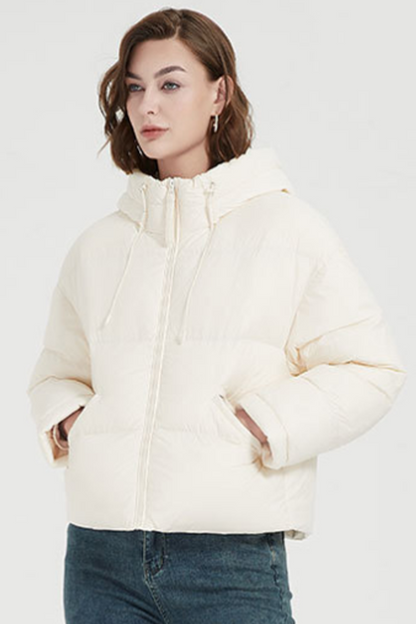 Chaqueta informal con capucha y cremallera de bolsillo de plumón de pato blanco (contenido de plumón 86% ~ 90%) (4 colores)