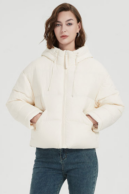 Chaqueta informal con capucha y cremallera de bolsillo de plumón de pato blanco (contenido de plumón 86% ~ 90%) (4 colores)