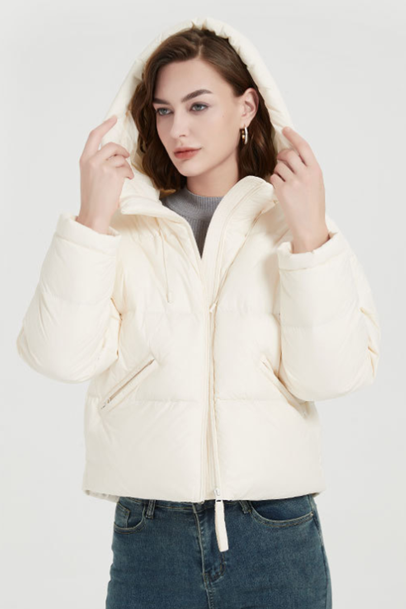 Chaqueta informal con capucha y cremallera de bolsillo de plumón de pato blanco (contenido de plumón 86% ~ 90%) (4 colores)