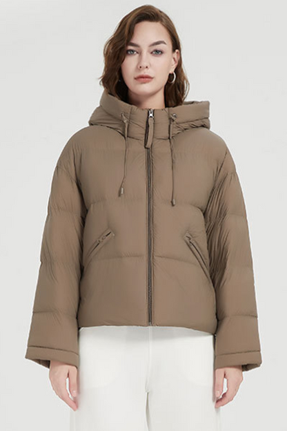 Chaqueta informal con capucha y cremallera de bolsillo de plumón de pato blanco (contenido de plumón 86% ~ 90%) (4 colores)