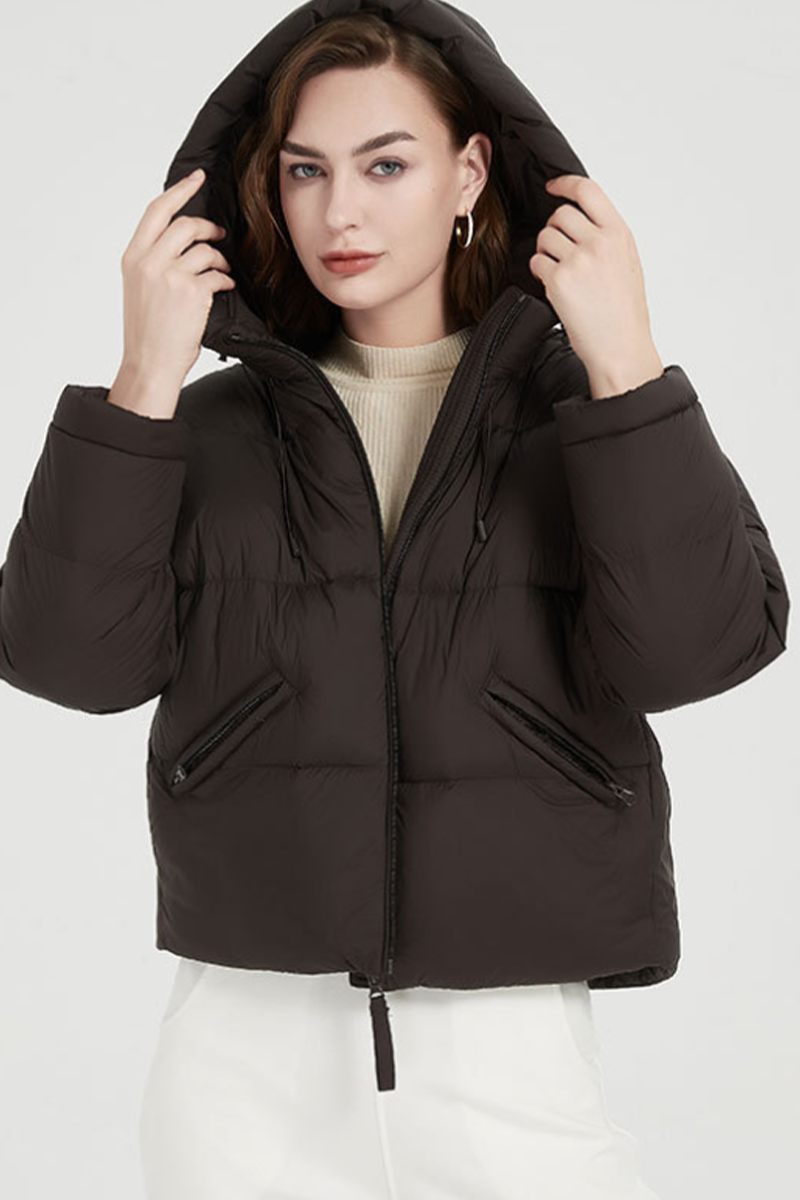 Chaqueta informal con capucha y cremallera de bolsillo de plumón de pato blanco (contenido de plumón 86% ~ 90%) (4 colores)