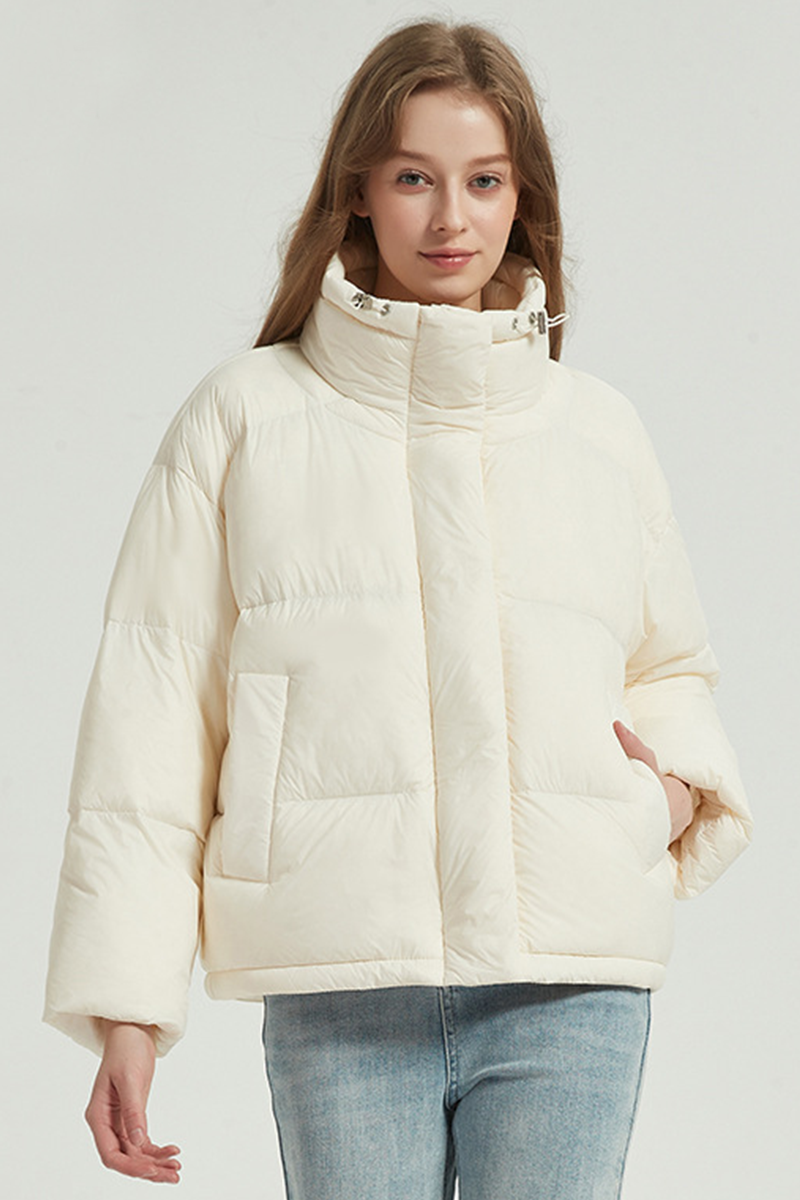 Abrigo informal de cuello mandarín con botones y bolsillos de plumón de pato blanco (contenido de plumón: 86 % ~ 90 %) (3 colores)