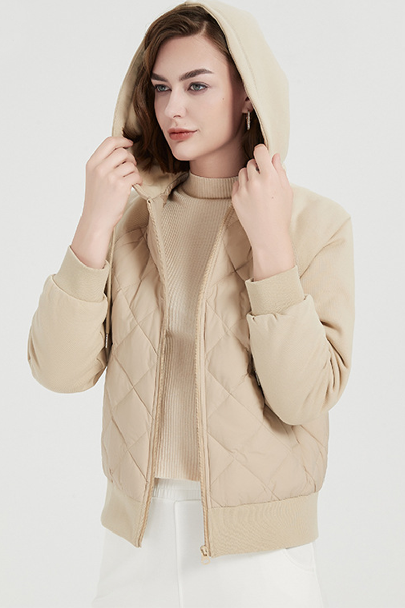 Chaqueta informal de plumón de pato blanco con capucha y bolsillo con cremallera y cordón para uso diario (contenido de plumón: 86 % ~ 90 %) (3 colores)