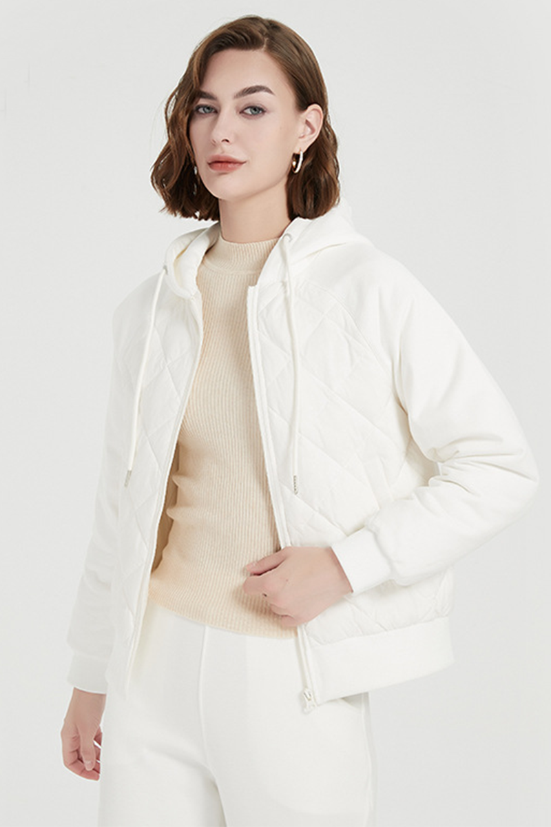 Chaqueta informal de plumón de pato blanco con capucha y bolsillo con cremallera y cordón para uso diario (contenido de plumón: 86 % ~ 90 %) (3 colores)