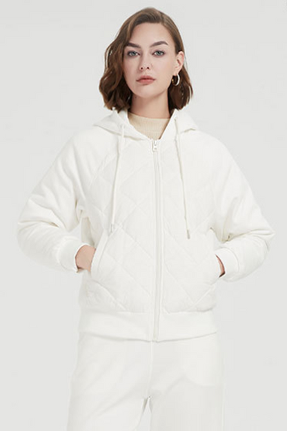 Chaqueta informal de plumón de pato blanco con capucha y bolsillo con cremallera y cordón para uso diario (contenido de plumón: 86 % ~ 90 %) (3 colores)