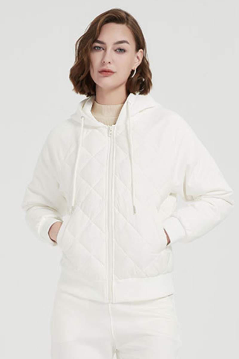Chaqueta informal de plumón de pato blanco con capucha y bolsillo con cremallera y cordón para uso diario (contenido de plumón: 86 % ~ 90 %) (3 colores)