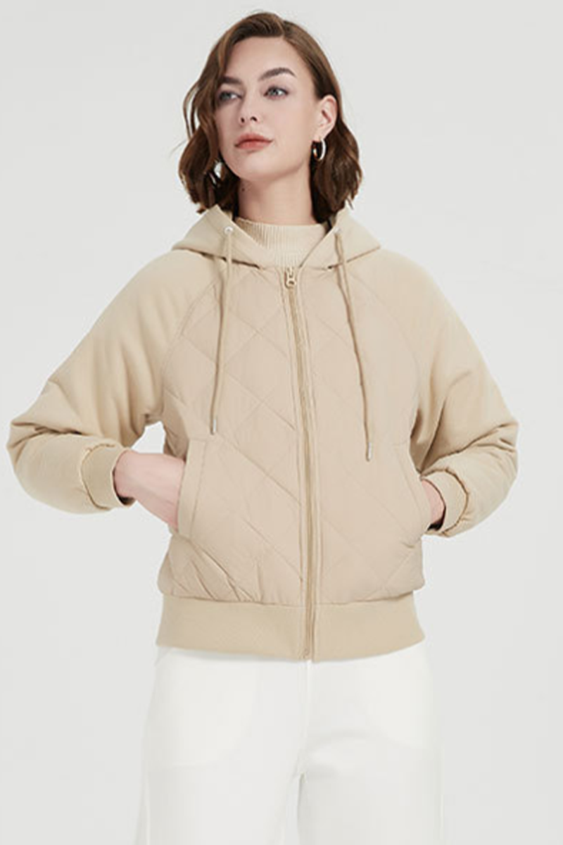 Chaqueta informal de plumón de pato blanco con capucha y bolsillo con cremallera y cordón para uso diario (contenido de plumón: 86 % ~ 90 %) (3 colores)