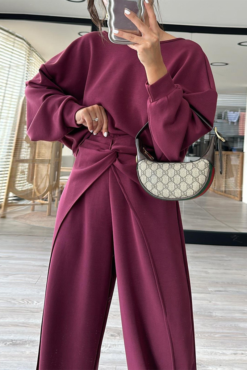 Conjunto informal de dos piezas con bolsillo, espalda descubierta, cuello redondo y manga larga (3 colores)