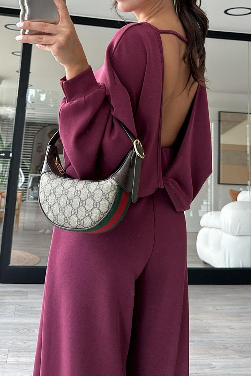 Conjunto informal de dos piezas con bolsillo, espalda descubierta, cuello redondo y manga larga (3 colores)