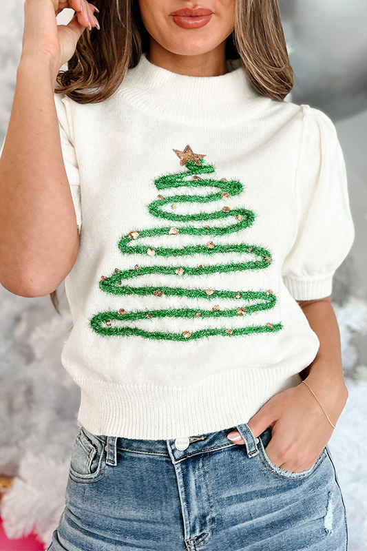 Suéteres casuales de cuello alto con retazos de lentejuelas y árbol de Navidad