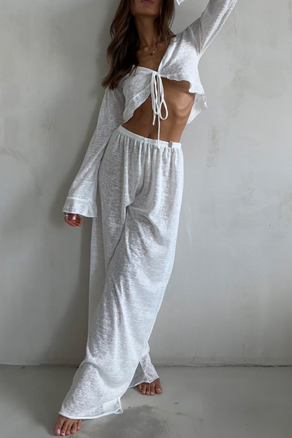 Conjunto informal de dos piezas con encaje, volantes, cuello en V y manga larga