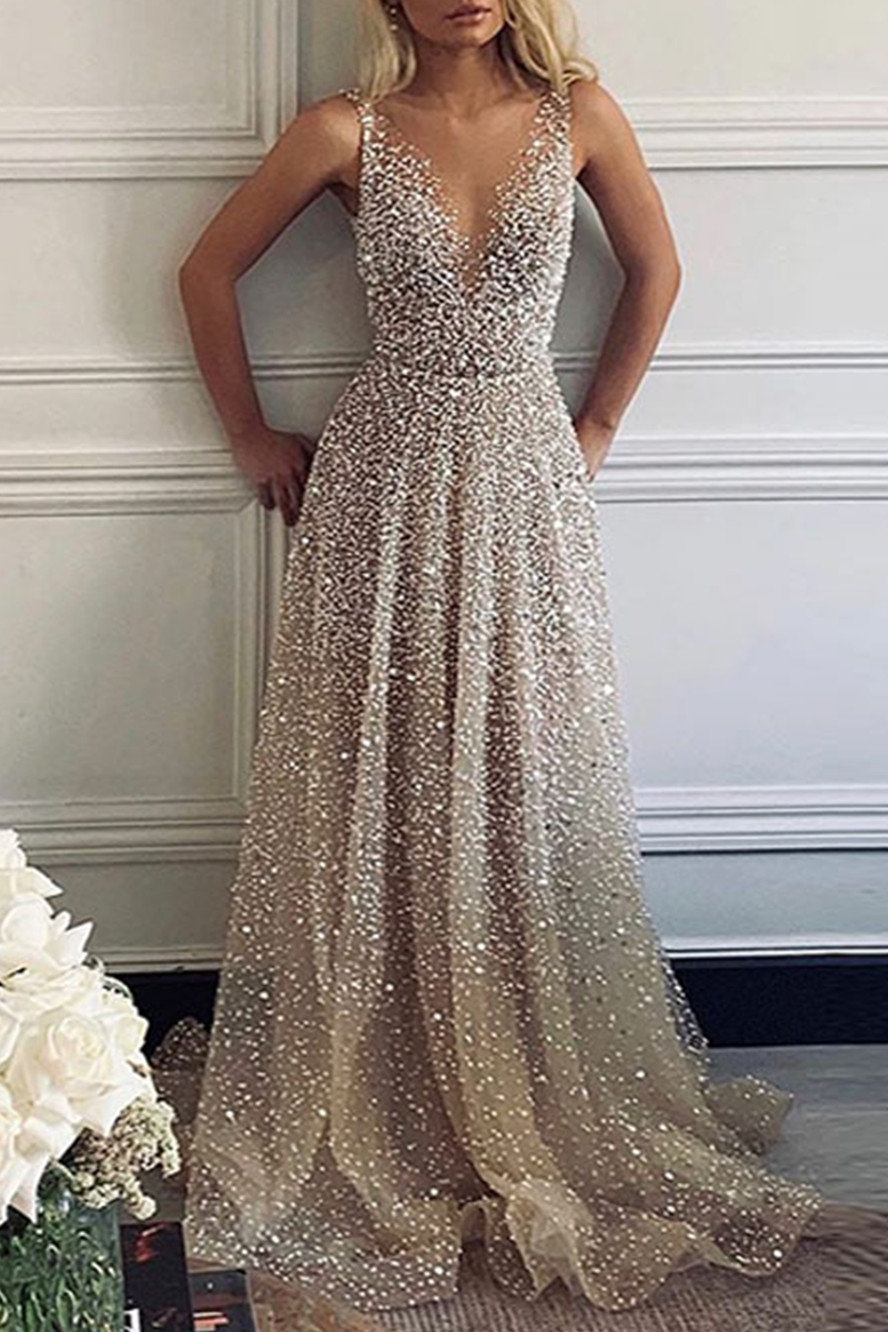 Vestidos de noche sexys con escote en V y lentejuelas degradadas