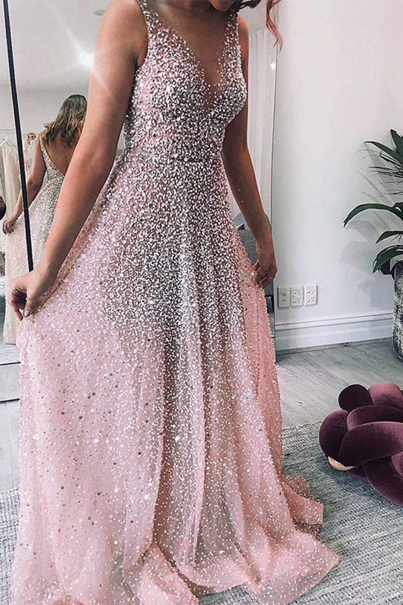 Vestidos de noche sexys con escote en V y lentejuelas degradadas