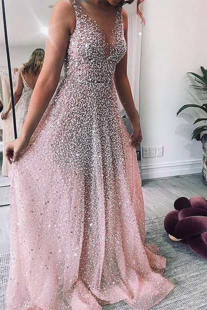 Vestidos de noche sexys con escote en V y lentejuelas degradadas