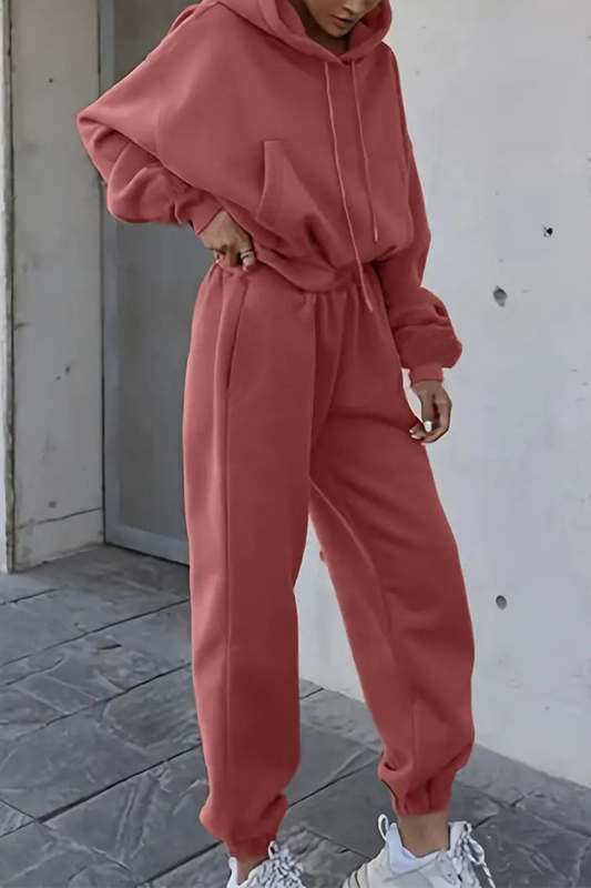 Conjunto informal de dos piezas con capucha, manga larga y bolsillo con cordón ajustable (5 colores)