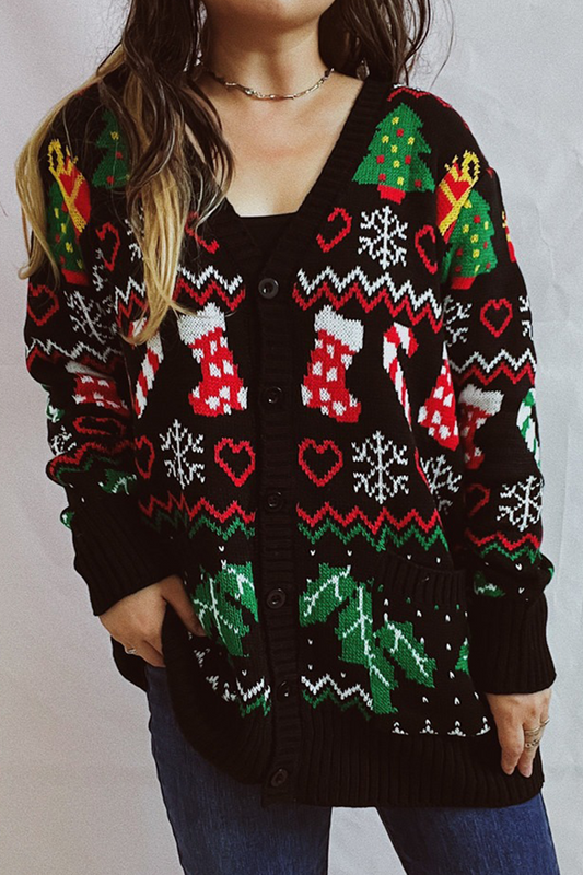 Prenda exterior informal con cuello en V, botones y copos de nieve en el árbol de Navidad