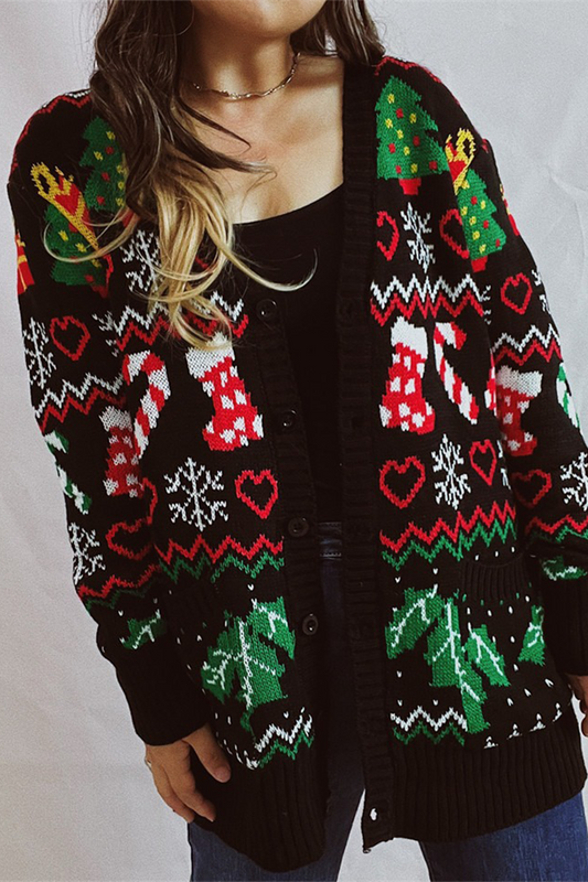Prenda exterior informal con cuello en V, botones y copos de nieve en el árbol de Navidad