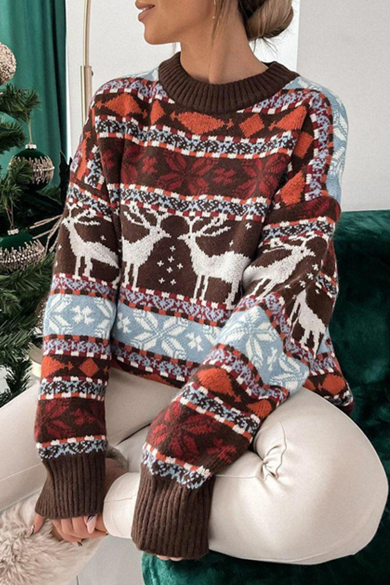 Suéteres casuales de cuello redondo con contraste de tejido de copos de nieve Wapiti (3 colores)