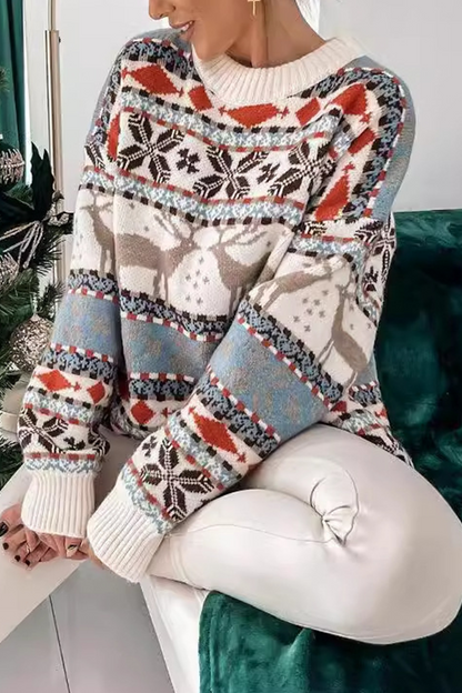 Suéteres casuales de cuello redondo con contraste de tejido de copos de nieve Wapiti (3 colores)